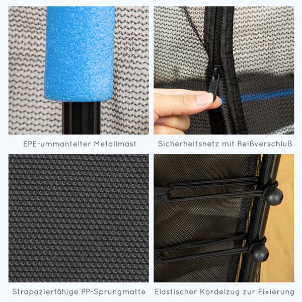 Detailansicht Trampolin: Metallmast mit EPE-Ummantelung, Sicherheitsnetz mit Reißverschluss, strapazierfähige PP-Sprungmatte und elastischer Kordelzug zur Fixierung