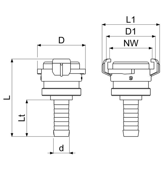 Technische Zeichnung einer Storz-Schlauchkupplung mit Schlauchstutzen und den Maßangaben L, Lt, d, D, L1, D1 und Nennweite.