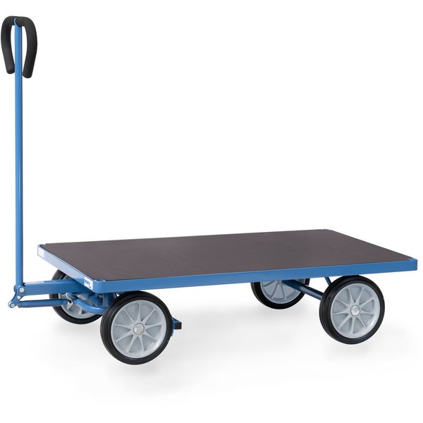 Blauer Handwagen mit dunkler Ladefläche, Deichsel mit schwarzem Handgriff und vier grauen Rädern.