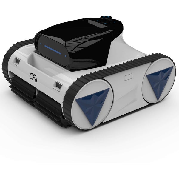 CF Poolroboter mit Raupenantrieb, weiß-schwarz-blaues Gehäuse für die Poolreinigung, CF Logo.