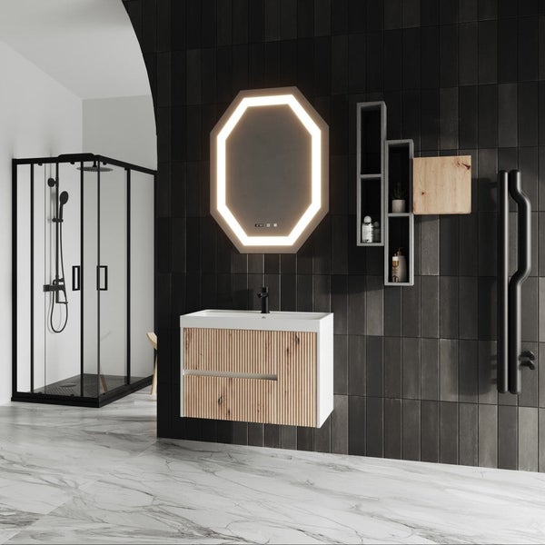 Unterschrank in goldeiche geriffelt in 80cm mit Waschtisch und Led Lichtspiegel | Cortina