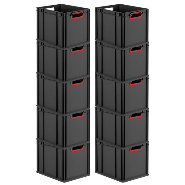 PROREGAL SparSet 10x Eurobox NextGen Color, HxBxT 32x30x40cm, 30 Liter, Griffe rot offen, Schwarz, Eurobehälter, Transportbox, Transportbehälter, Stapelbehälter