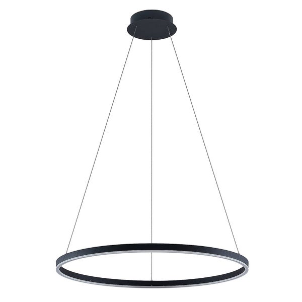 Moderne LED-Pendelleuchte in Ringform aus Metall in Schwarz mit dünner Drahtaufhängung.
