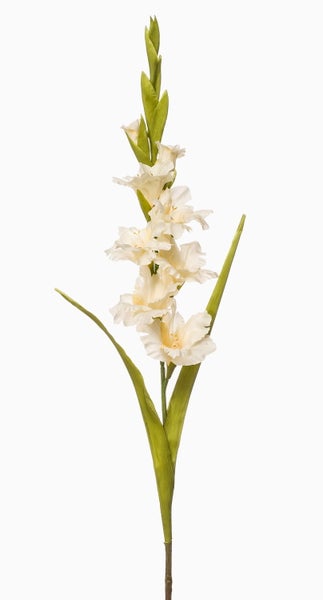 Künstliche Gladiole mit grünen Knospen und weißen Blüten.