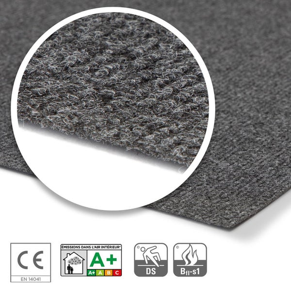 Grauer Teppich mit Vergrößerung der Textur sowie CE-Kennzeichnung, Raumluft-Emissionsklasse A+, Rutschhemmung und Brandschutzklasse.