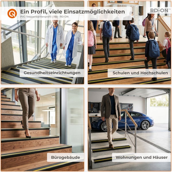 PVC-Treppenkantenprofil RD-ON in Krankenhäusern, Schulen, Büros und Wohnhäusern für sichere, rutschfeste Treppenstufen.