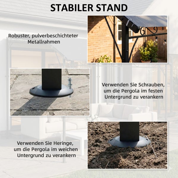 Pergola mit pulverbeschichtetem Metallrahmen und Optionen zur Verankerung auf festem Boden mit Schrauben oder weichem Boden mit Heringen.