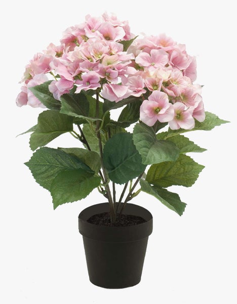 Künstliche Hortensie im schwarzen Topf mit rosa Blüten und grünen Blättern.