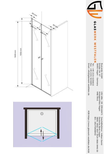 Technische Zeichnung einer Duschkabine mit Maßangaben