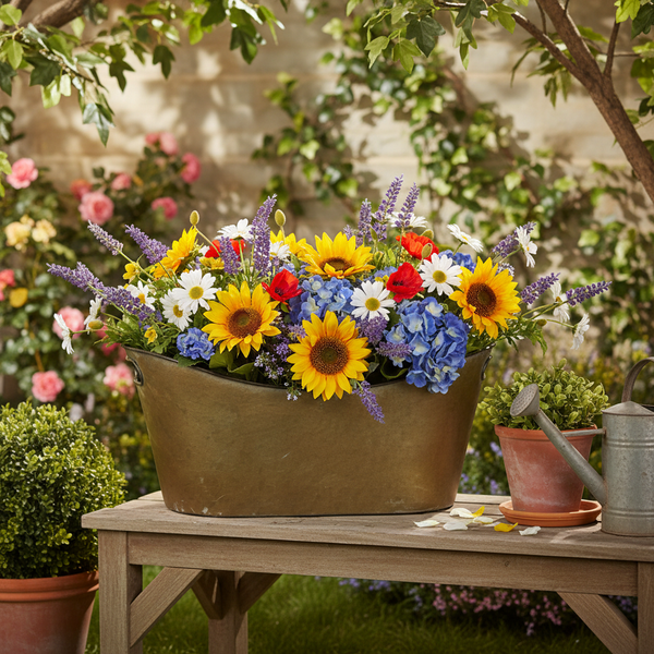 Ovaler Pflanzkübel aus Metall auf einer Holzbank, bepflanzt mit Sonnenblumen, Hortensien, Lavendel und Margeriten in einem hellen Garten.