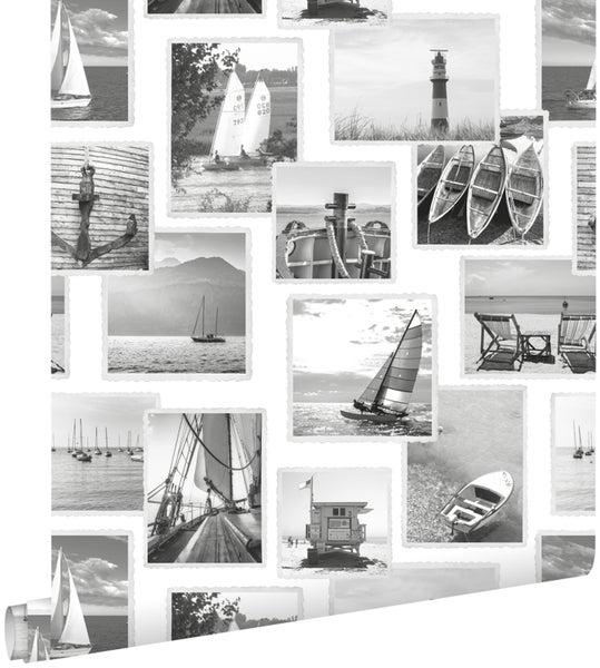 ESTAhome Tapete Fotocollage Strand Dunkelgrau und Weiß - 0,53 x 10,05 m - 138956