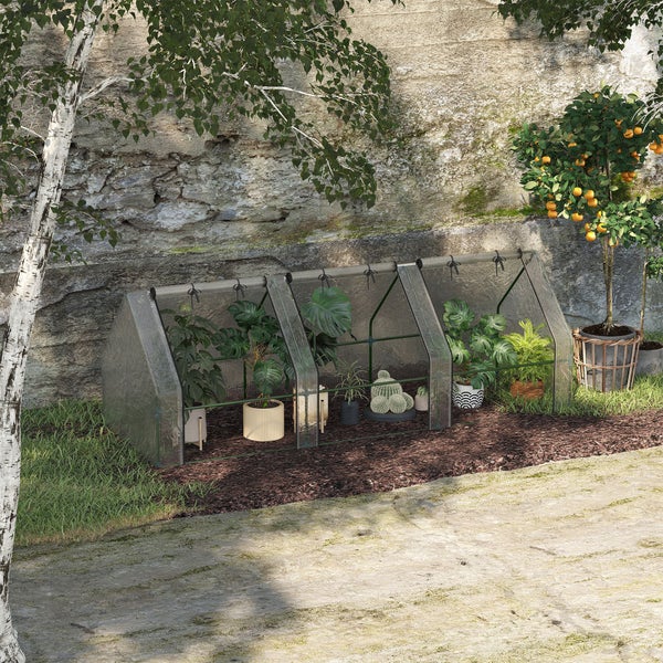 Outsunny Mini Gewächshaus, Wetterbeständige Foliengewächshaus mit 3 Rollfenster, 270 x 90 x 90 cm, PE Folie, Stahl, Weiß