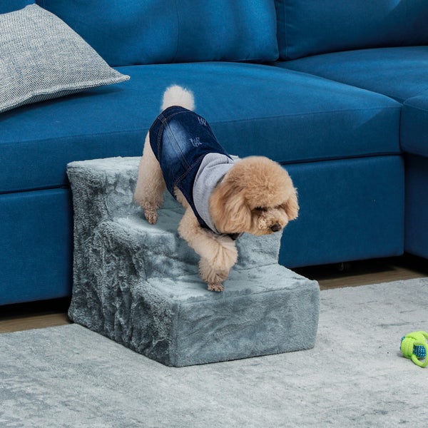 PawHut Hundetreppe 3-stufig, 35 cm Katzentreppe für Bett und Sofa, Haustiertreppe für Hunde und Katzen bis 5 kg, Plüschoptik, Hellgrau