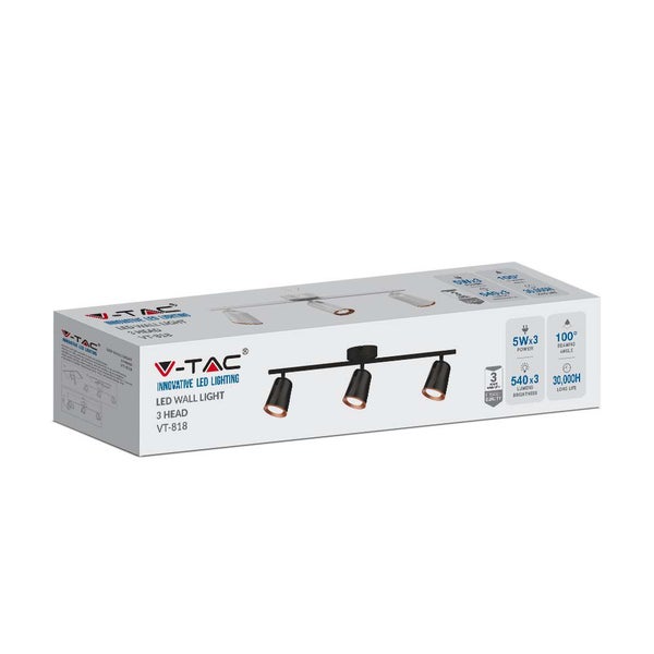 V-TAC LED Wandleuchte mit drei Strahlern in Produktverpackung.