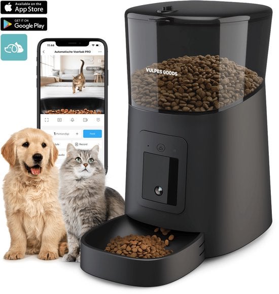 Vulpes Goods Automatischer Futterautomat - Für Katze und Hund - Mit App steuerbar - Futterspender - 6L - Schwarz