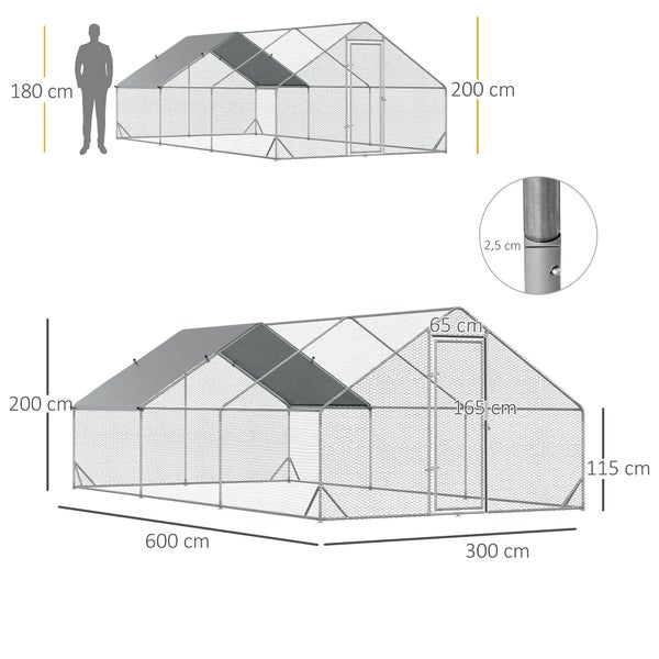 PawHut Hühnerstall, Freilaufgehege, 3 x 6 x 2 m, Stahl, Silber+Grau