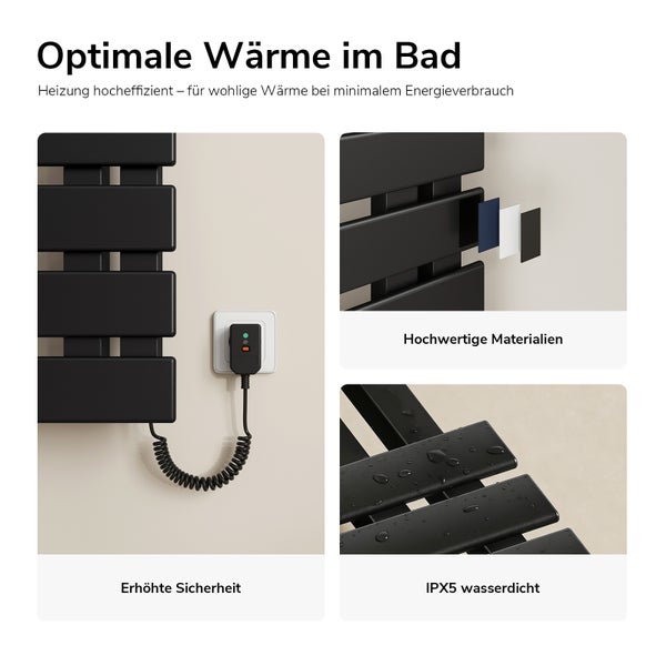 Schwarzer Badheizkörper mit Details zu Sicherheitsstecker, hochwertigem Materialaufbau und Wasserschutz nach Schutzart IPX5.