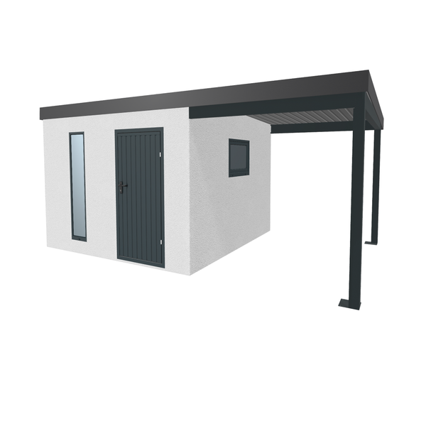 Gartenhaus mit Carport, Tür und Fenster