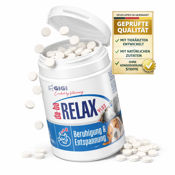 Gigi da-ba Relax Plus Tabletten zur Beruhigung und Entspannung für Hunde und Katzen. Geprüfte Qualität, mit Tierärzten entwickelt.