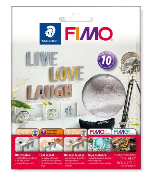 Staedtler Fimo Blattmetall Set für Oberflächenveredelung, 10 Blatt, 14 mal 14 cm, inklusive Anwendungsbeispielen.