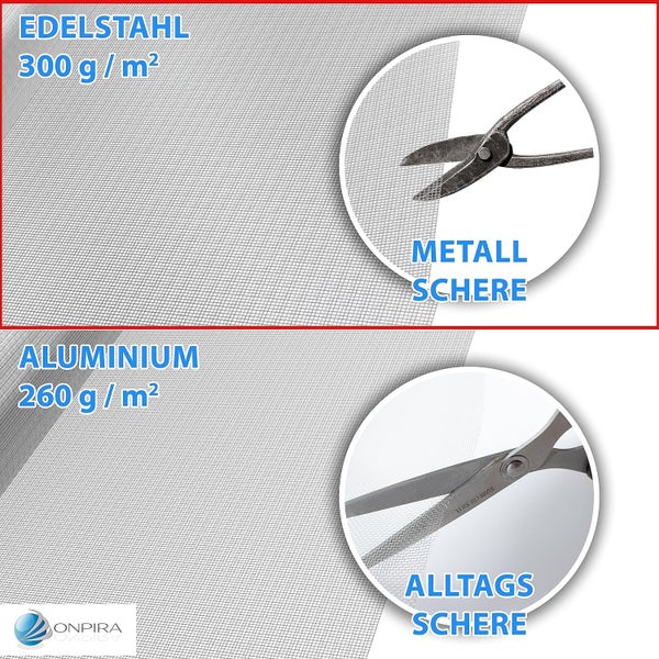 Edelstahlgewebe (300 Gramm pro Quadratmeter) mit Metallschere und Aluminiumgewebe (260 Gramm pro Quadratmeter) mit Alltagsschere. Onpira Logo.