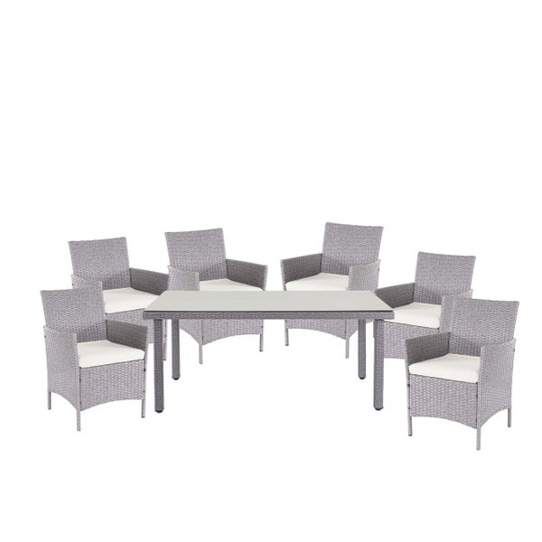 Gartenmöbel-Set aus Polyrattan mit einem rechteckigen Tisch und sechs Sesseln inklusive Sitzkissen.