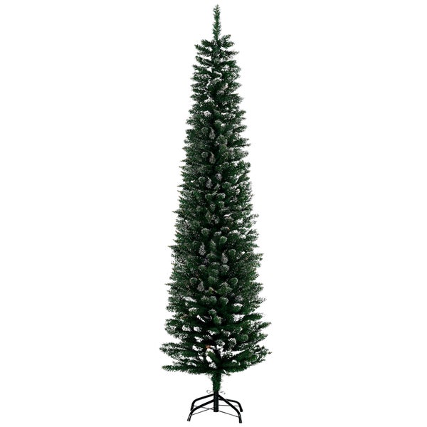 Künstlicher Weihnachtsbaum in schmaler Form mit beschneiten Nadeln und schwarzem Metallständer.