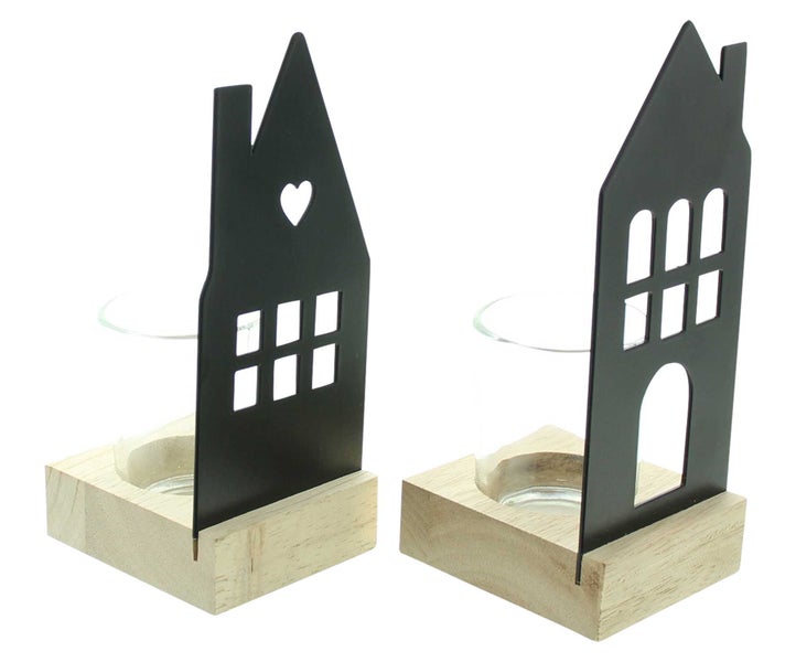 FRANK FLECHTWAREN | Windlicht Haus, 2er Set, METALL, HOLZ, GLAS, 8 x 7 x 15 cm, 8 x 7 x 16 cm