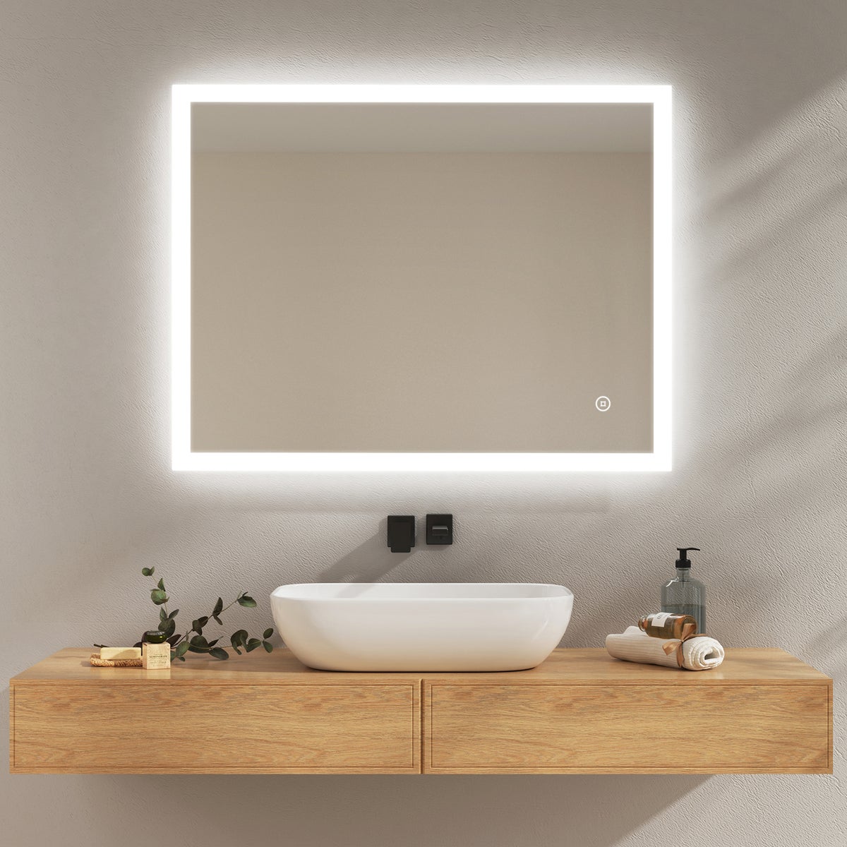 EMKE Badspiegel mit Beleuchtung, 90x70cm, Kaltweißes Licht, Beschlagfrei