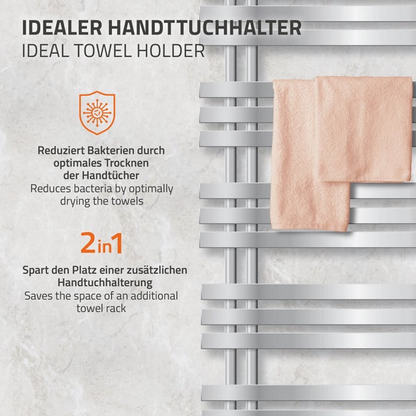 ECD Germany Iron EM Design Badheizkörper Elektrisch mit Heizstab 900 W - 500 x 1200 mm - Chrom - Designheizkörper Paneelheizkörper Heizkörper Handtuchwärmer Handtuchtrockner