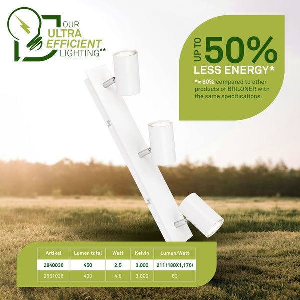 Weiße Briloner Lampe mit drei Strahlern und Produktdetails.