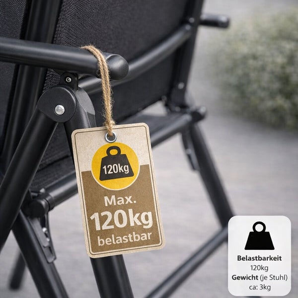 Gartenstuhl mit Anhänger, der eine maximale Belastbarkeit von 120 Kilogramm und ein Eigengewicht von circa 3 Kilogramm angibt.