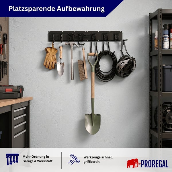 Wandmontierte Werkzeughalterung von Proregal zur platzsparenden Aufbewahrung von Gartenwerkzeugen und Ausrüstung in Garage oder Werkstatt.