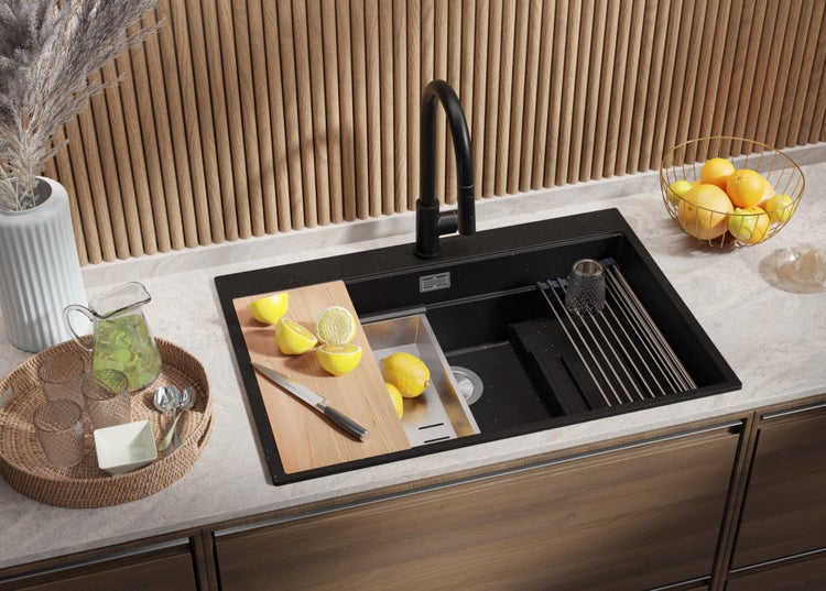 PRIMAGRAN Spülbecken Schwarz Metallic 78x53cm, Granitspüle 1 Becken + Ablauf-Set + Küchenzubehörset, Küchenspüle ab 80er Unterschrank - Oslo Max