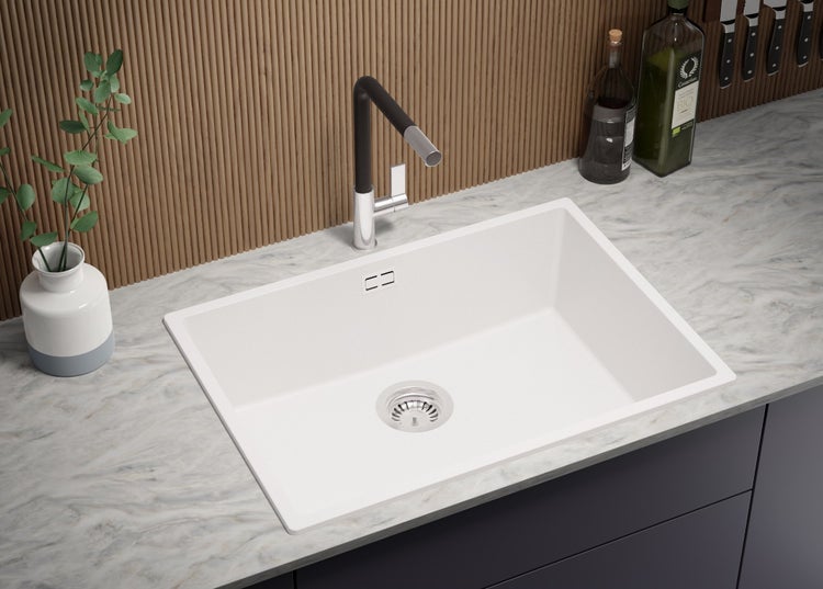 PRIMAGRAN Spülbecken Weiß 66x47cm, Granitspüle 1 Becken + Ablauf-Set, Küchenspüle ab 70er Unterschrank - London Slim