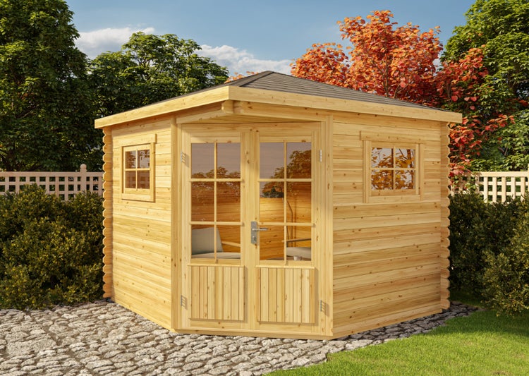 Gartenhaus aus Holz mit Fenstern und Doppeltür