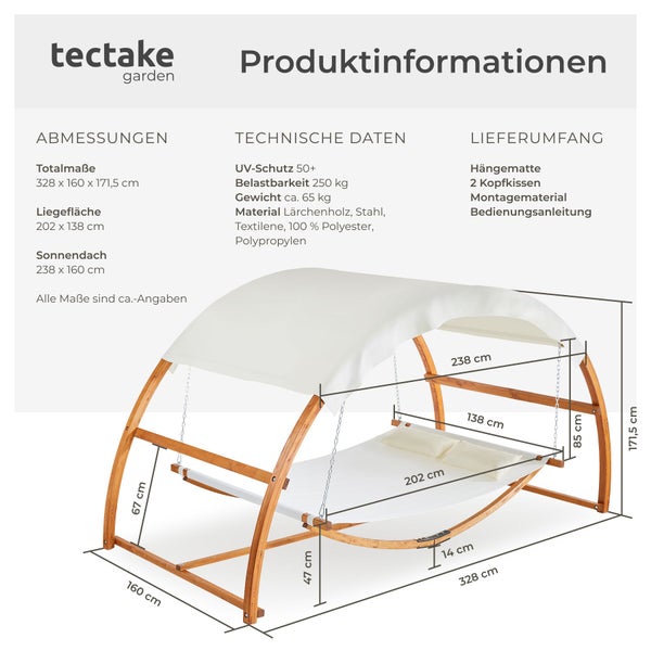 tectake garden Logo. Hängematte mit Lärchenholzgestell, Sonnendach, Maße circa 328 mal 160 mal 171,5 Zentimeter sowie technische Daten.