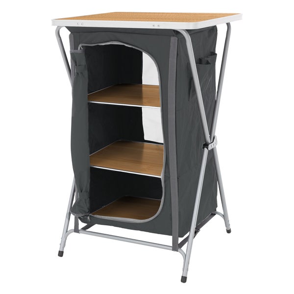 ECD Germany Campingschrank faltbar Holzoptik-Schwarz, 60x97,5x53cm, Campingküche mit Aluminiumgestell, Küchenbox tragbar mit Arbeitsplatte, 3 Ablagen, Tragetasche, Outdoorschrank Faltschrank aus Stoff