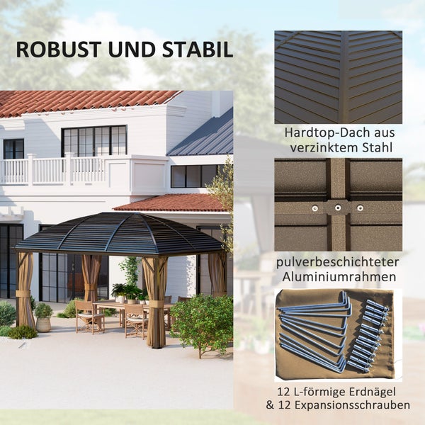 Outsunny Pavillon mit Hardtop, 4x3 m Wasserdicht Stabil Winterfest Gartenpavillon mit Moskitonetz, Haken, Seitenteile, Bogendach, Garten-Pavillon aus Aluminium, für Garten, Terrasse, Braun