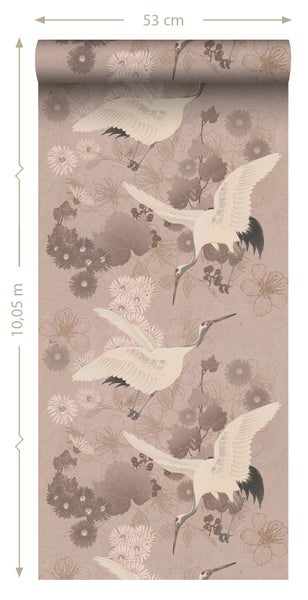 Tapetenrolle mit Kranich- und Blumenmuster, 53 cm breit und 10,05 m lang