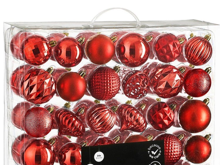 Set mit 34 Weihnachtsbaumkugeln aus Kunststoff mit 6 Zentimeter Durchmesser in verschiedenen Oberflächenstrukturen für die Weihnachtsdekoration.