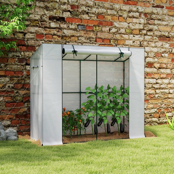 Outsunny Gewächshaus mit Rolltür 2 Fenster, winterfest Foliengewächshaus aus Stahl, Treibhaus für Balkon, Garten, Tomatenhaus mit UV schutz 200x76x170cm Tomatengewächshaus für Gemüse Blumen, Weiß