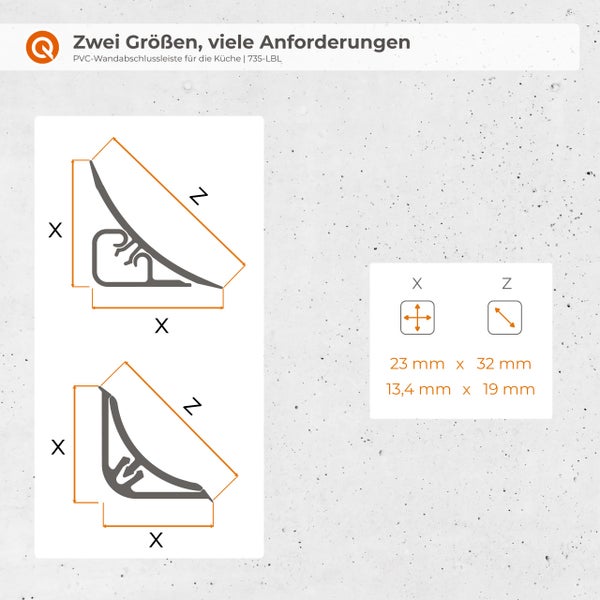 Maßzeichnung einer PVC Wandabschlussleiste für die Küche mit Angabe der zwei verfügbaren Größen in Millimeter für die Montage.