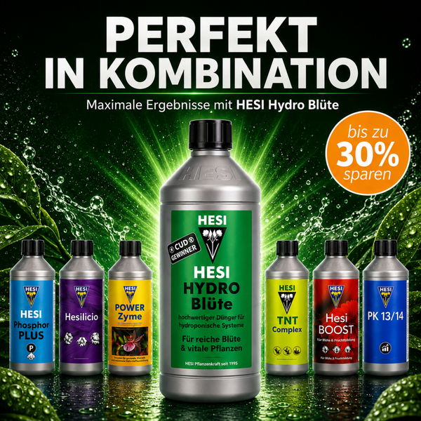 Hesi Hydro Bluete Duenger in Kombination mit verschiedenen Hesi Pflanzennahrung Produkten fuer die hydroponische Pflanzenzucht.