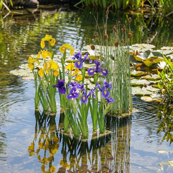 Blühende gelbe und violette Schwertlilien in einem Gartenteich mit Schilf und Wasserlilien im Hintergrund.