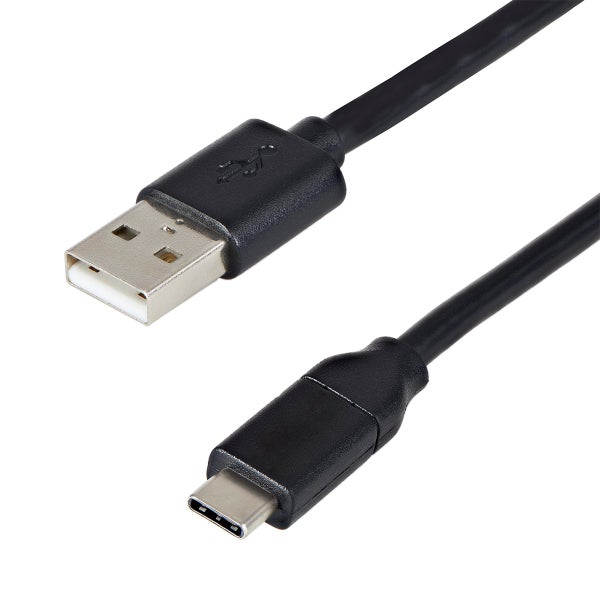 Schwarzes USB Kabel mit einem USB A Stecker und einem USB C Stecker.