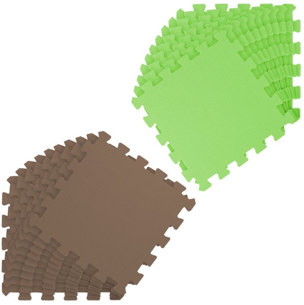 Ineinandergreifende Puzzlematten aus Schaumstoff in Hellgrün und Braun für Sport- und Spielbereiche.