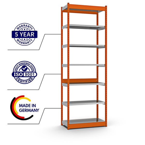 PROREGAL Fachbodenregal Stecksystem Vierkant-Profil Grundregal HxBxT 300 x 102,5 x 40 cm 7 Ebenen Einseitige Bauart Fachlast 200 kg Orange