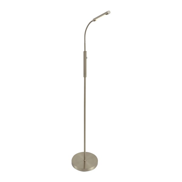 LED-Stehleuchte aus Metall mit flexiblem Arm und rundem Standfuß in Nickel-Optik.