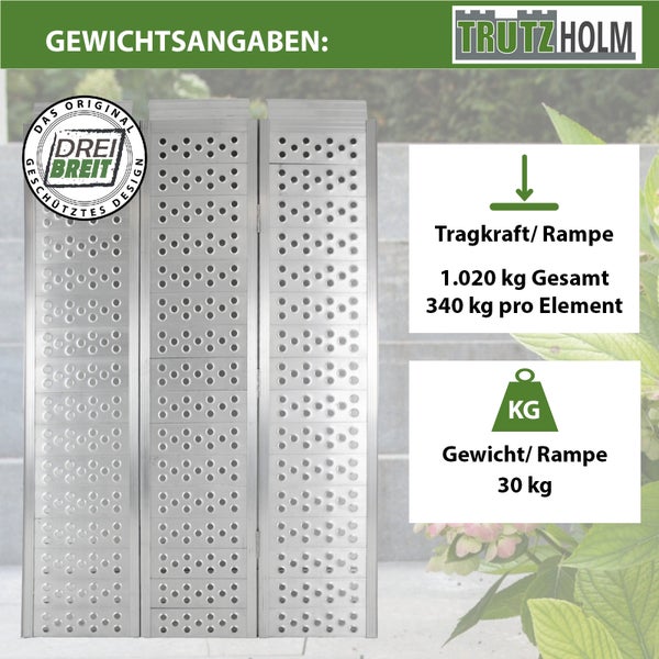 Trutzholm Auffahrrampen aus Aluminium, faltbar, Tragkraft 1.020 Kilogramm gesamt, Gewicht 30 Kilogramm, mit geschütztem Design.